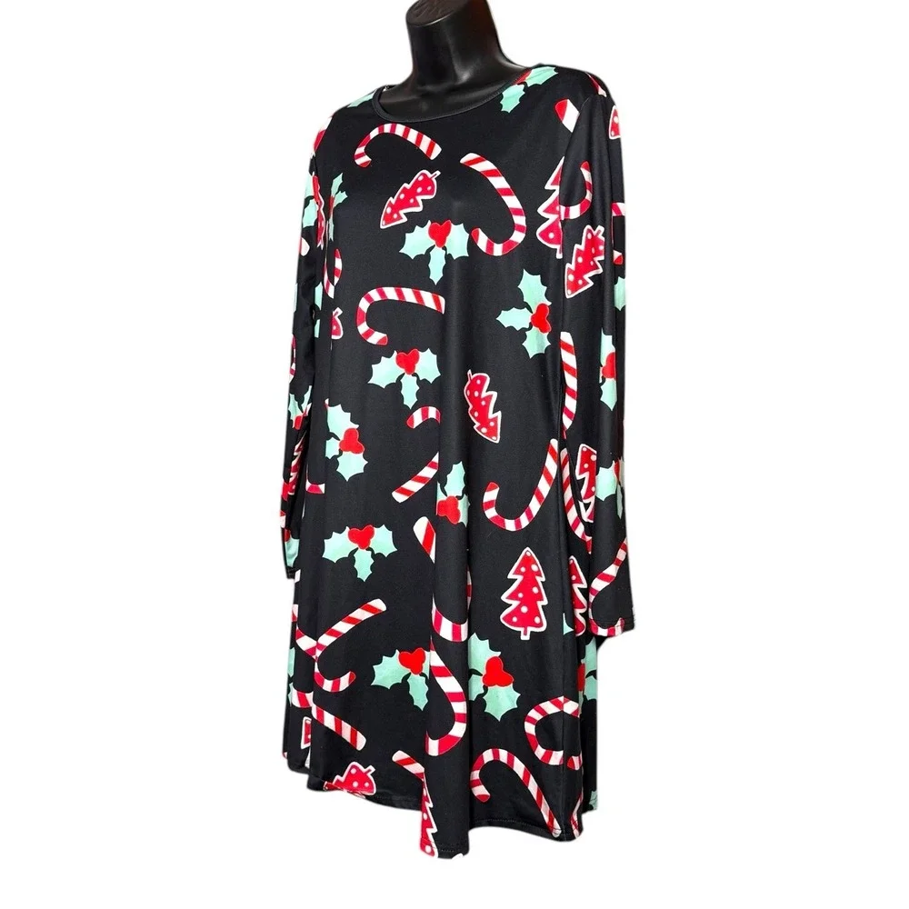 Christmas Holiday Long Sleeve Stretchy Black Dress Candy Canes Women Sz XXL - Picture 6 of 10